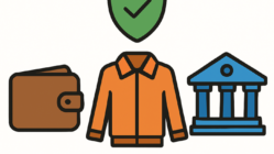 Flat vector cover with wallet, jacket, bank and shield icons