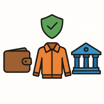 Flat vector cover with wallet, jacket, bank and shield icons