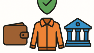 Flat vector cover with wallet, jacket, bank and shield icons