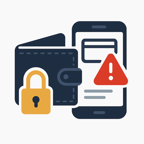 Flat vector wallet and payment app with warning badge