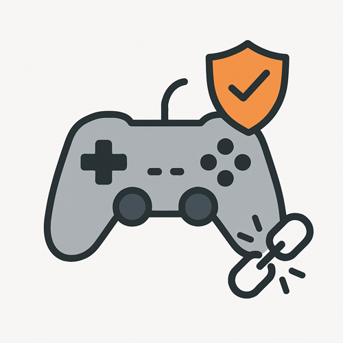 Game controller with shield and broken link illustration