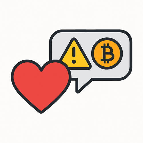 Heart and chat warning with bitcoin icon illustration