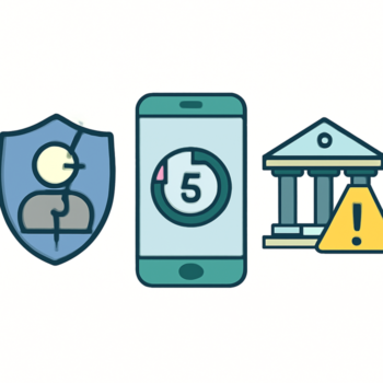 Newsletter featured image showing identity shield, Android phone timer, and bank building with warning badge