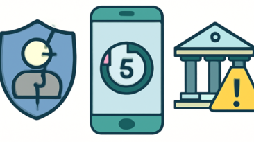 Newsletter featured image showing identity shield, Android phone timer, and bank building with warning badge