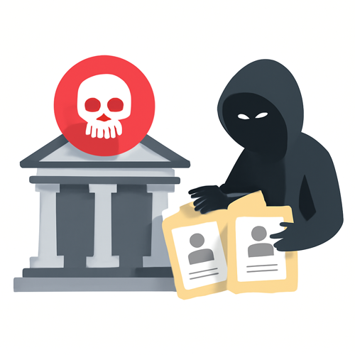Bank building with ransomware skull and data files being stolen